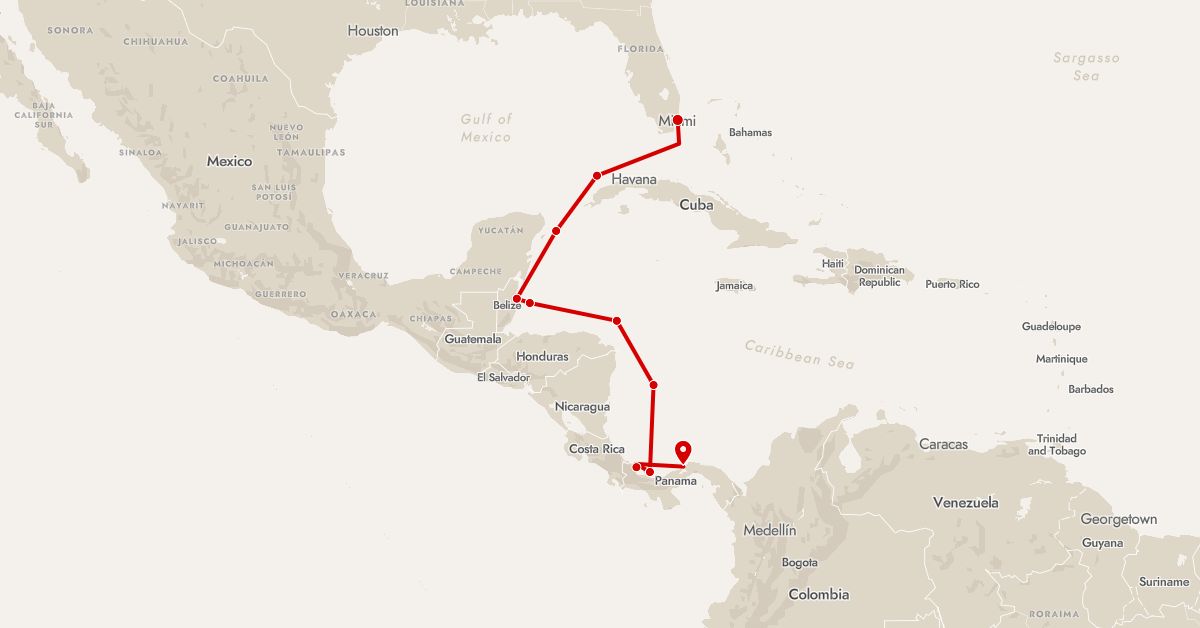 TravelMap itinerary: driving, expedition in Belize, Colombia, Panama, United States (North America, South America)