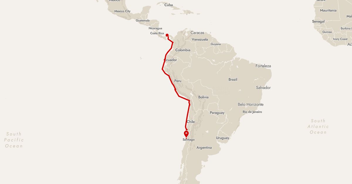 TravelMap itinerary: driving, expedition in Chile, Colombia, Ecuador, Panama, Peru (North America, South America)