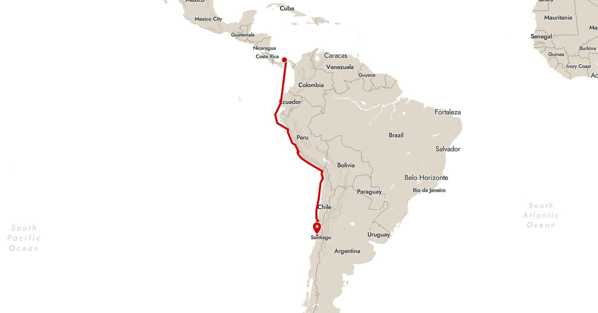 TravelMap itinerary: driving, expedition in Chile, Ecuador, Panama, Peru (North America, South America)