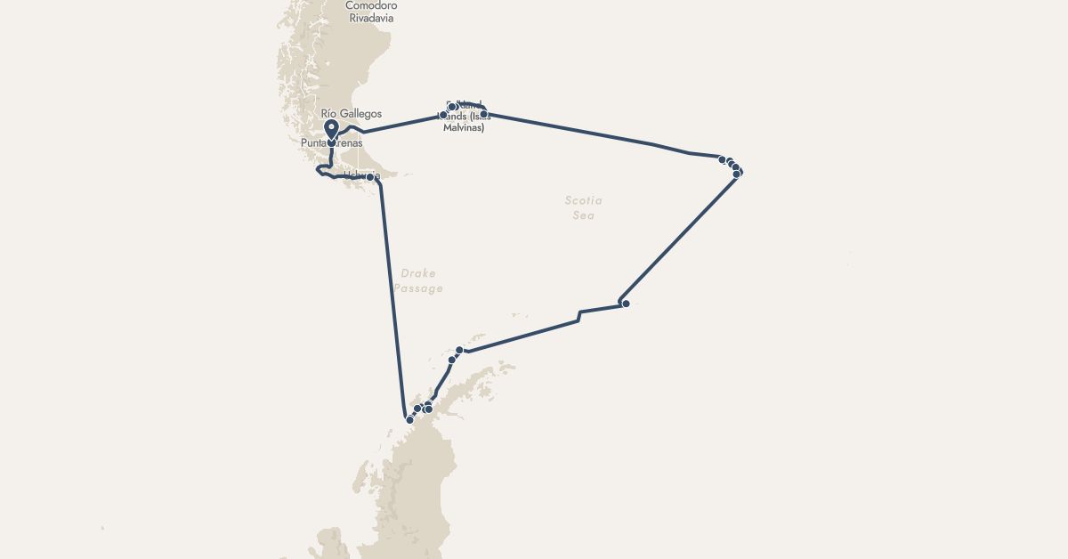 TravelMap itinerary: hx expedition in Antarctica, Chile, Falkland Islands, South Georgia and the South Sandwich Islands (Antarctica, South America)