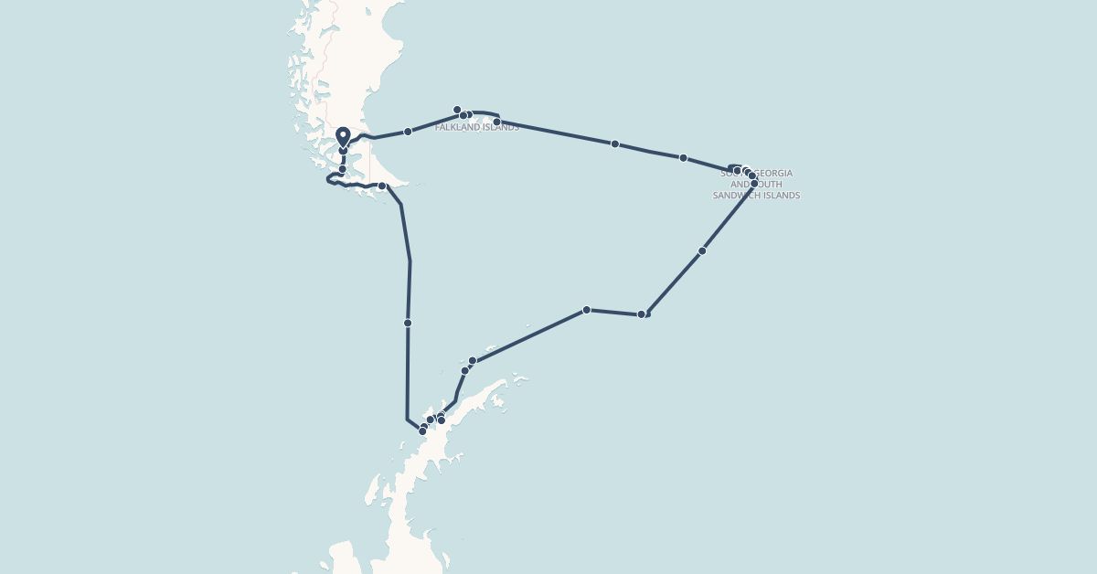 TravelMap itinerary: driving, hx expedition in Chile, Falkland Islands, South Georgia and the South Sandwich Islands (Antarctica, South America)