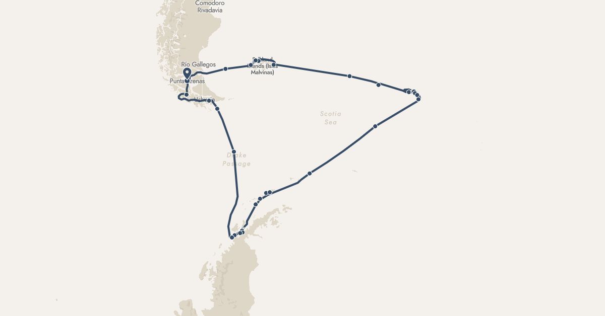 TravelMap itinerary: driving, hx expedition in Chile, Falkland Islands, South Georgia and the South Sandwich Islands (Antarctica, South America)