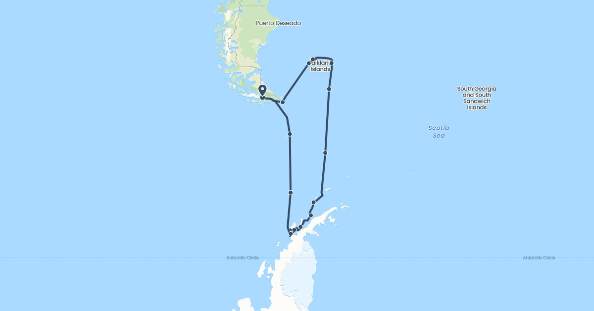 TravelMap itinerary: driving, hx expedition in Argentina, Falkland Islands (South America)