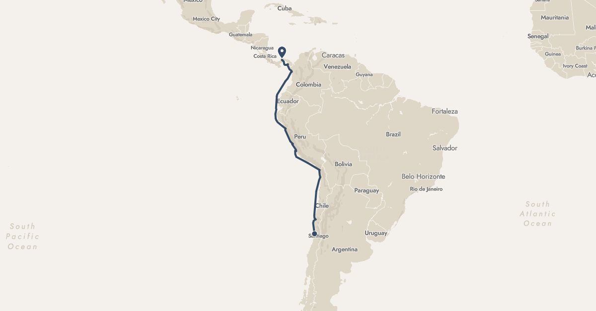 TravelMap itinerary: driving, hx expedition in Chile, Colombia, Panama, Peru (North America, South America)