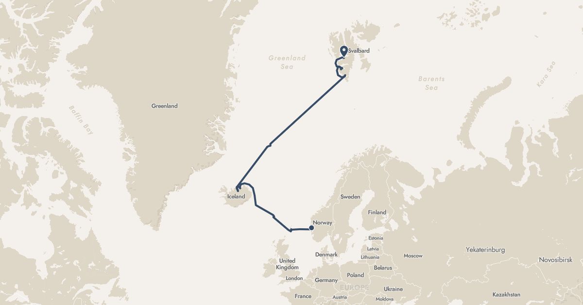 TravelMap itinerary: driving, hx expedition in Faroe Islands, United Kingdom, Iceland, Norway, Svalbard and Jan Mayen (Europe)