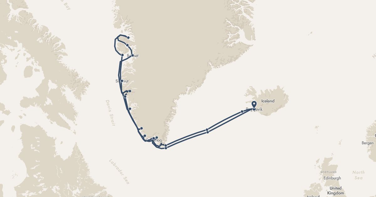 TravelMap itinerary: driving, hx expedition in Greenland, Iceland (Europe, North America)