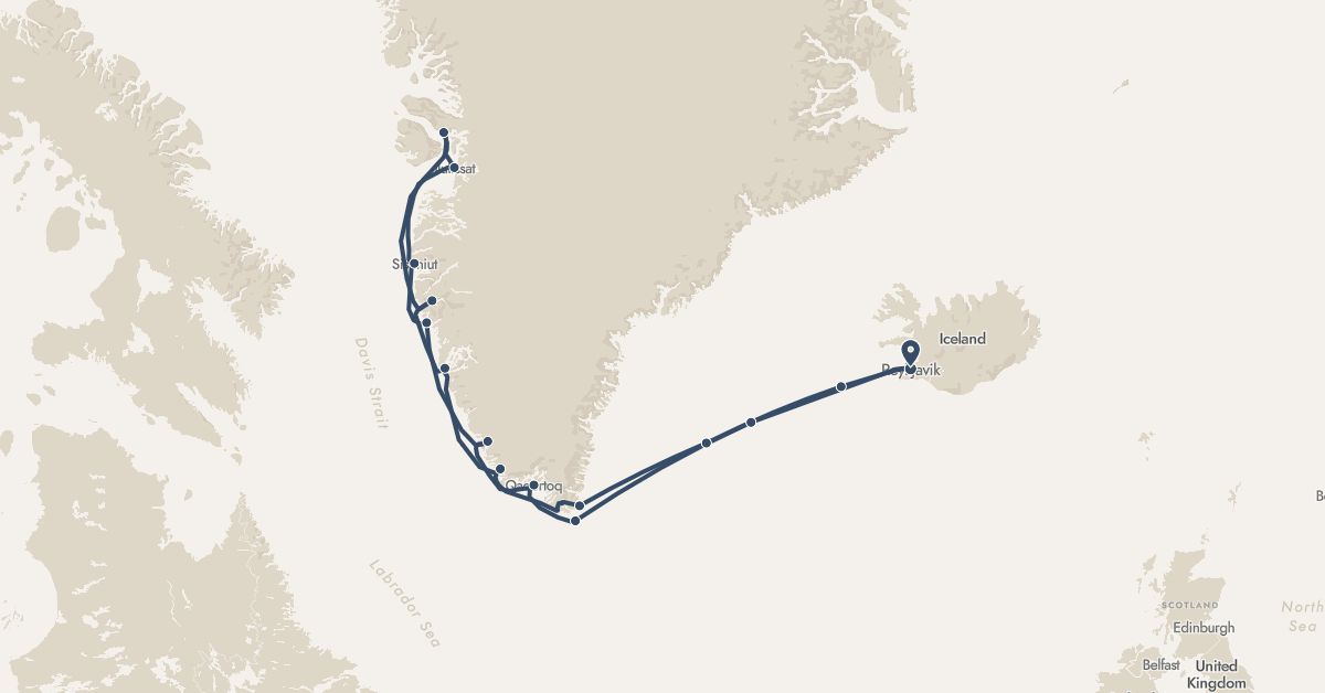 TravelMap itinerary: driving, hx expedition in Greenland, Iceland (Europe, North America)