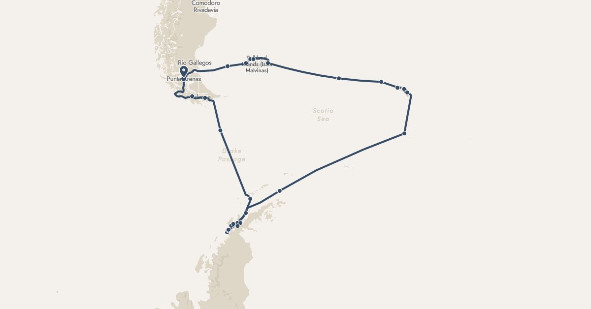 TravelMap itinerary: driving, hx expedition in Antarctica, Chile, Falkland Islands, South Georgia and the South Sandwich Islands (Antarctica, South America)
