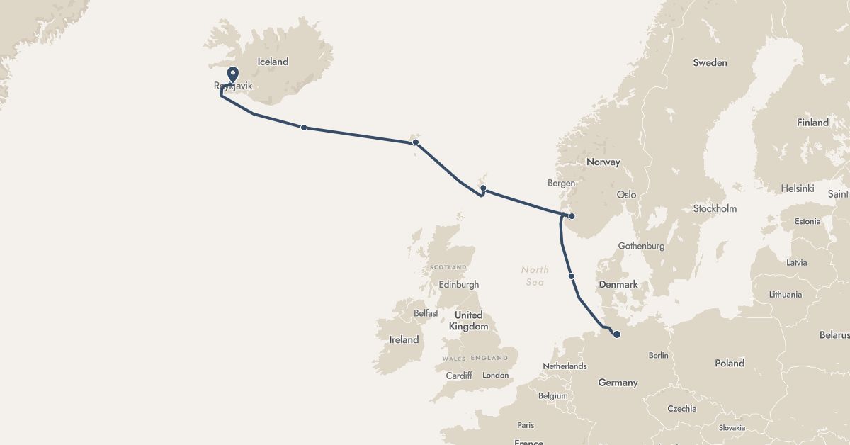 TravelMap itinerary: driving, hx expedition in Germany, Denmark, Faroe Islands, United Kingdom, Iceland, Norway (Europe)