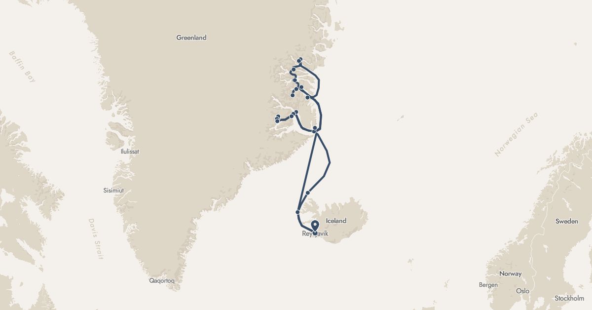 TravelMap itinerary: driving, hx expedition in Greenland, Iceland (Europe, North America)