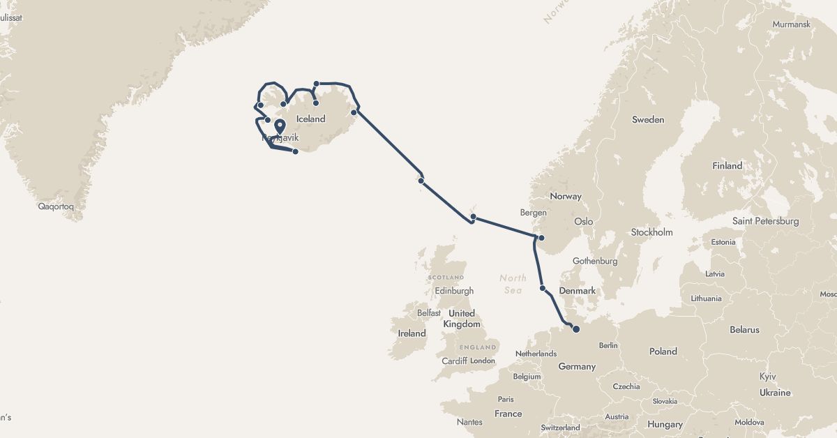TravelMap itinerary: driving, hx expedition in Germany, Faroe Islands, United Kingdom, Iceland, Norway (Europe)
